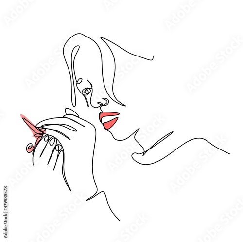 a line drawing of a woman admiring a butterfly on her fingers, close-up on a white isolated background. illustration of spa services.Beauty salon. Minimalism. Print for T-shirts, for coloring.