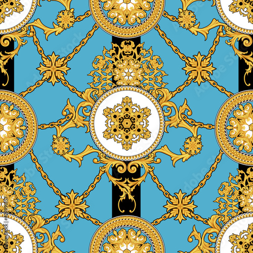 Decorative background with golden arabesques and chains