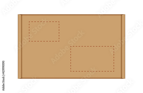 cardboard carton box in top view, brown box or kraft package crate box isolated on white