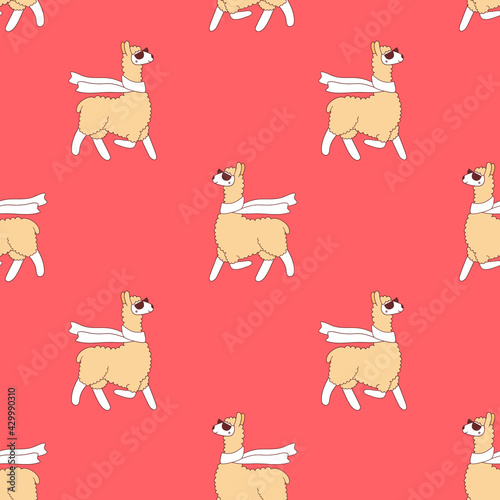 Vector seamless pattern of cute yellow llama with scarf and glasses