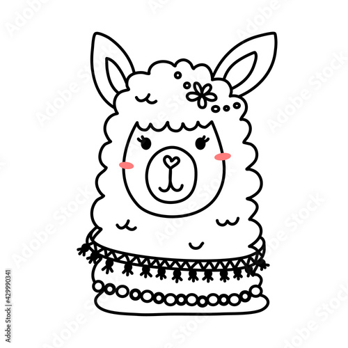 Vector illustration of head of cute line art llama with accessory
