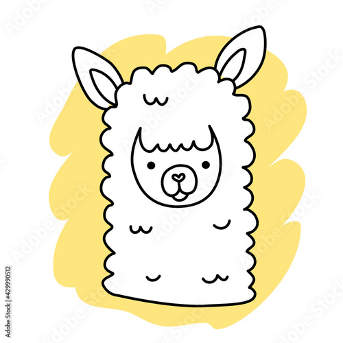 Vector illustration of head of cute happy line art llama
