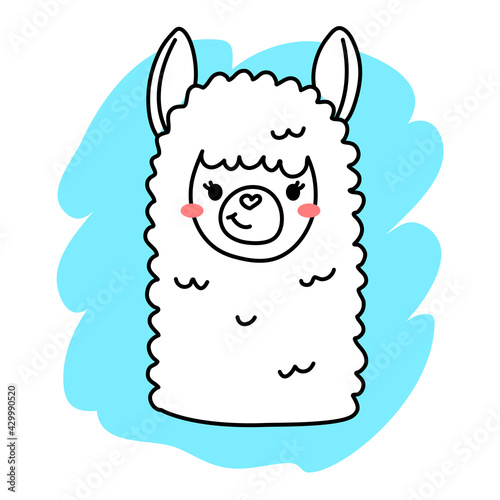 Vector illustration of head of cute happy line art llama