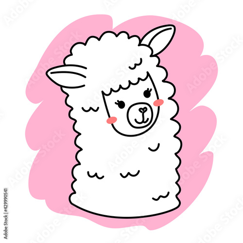 Vector illustration of head of cute happy line art llama