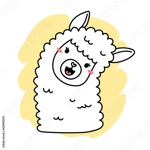 Vector illustration of head of cute happy line art llama