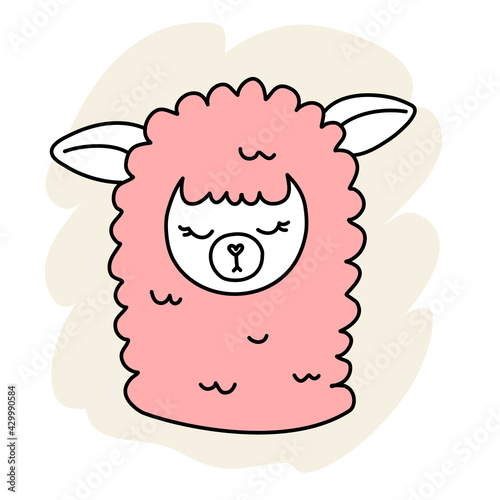Vector illustration of head of cute sleeping line art pink llama