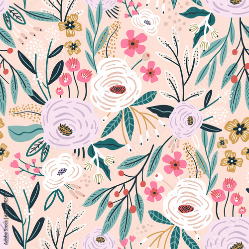Seamless pattern with rose flowers, berries and leaves. Creative hight detailed floral texture. Great for fabric, textile Vector Illustration