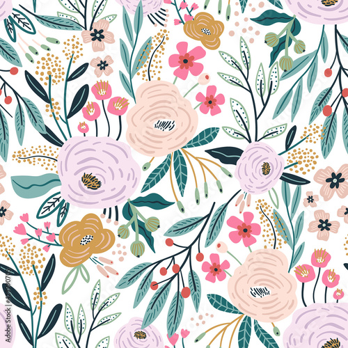 Seamless pattern with rose flowers, berries and leaves. Creative hight detailed floral texture. Great for fabric, textile Vector Illustration