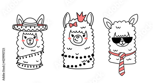 Vector set of illustration of head of cute happy line art llama with pink accessory