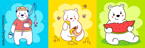 Vector set of illustration of cute happy line art bear character with different things