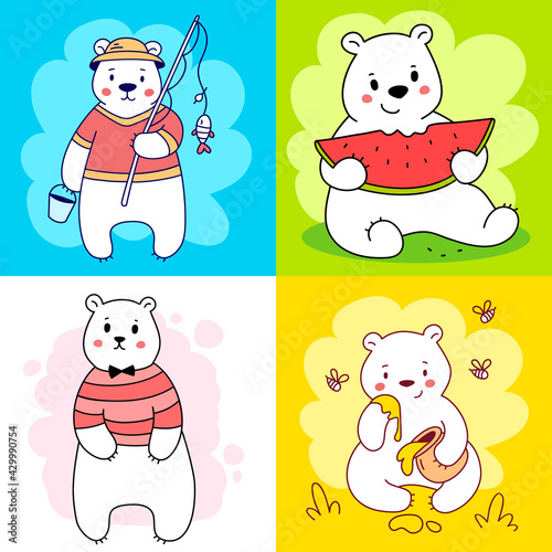 Vector set of illustration of cute happy line art bear character in different pose
