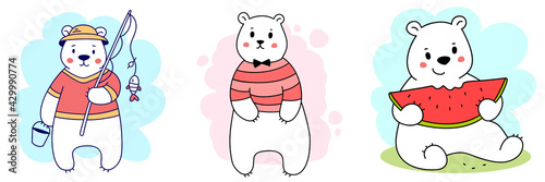 Vector set of illustration of cute happy line art bear character with different things