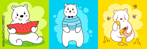 Vector set of illustration of cute happy line art bear character with different things