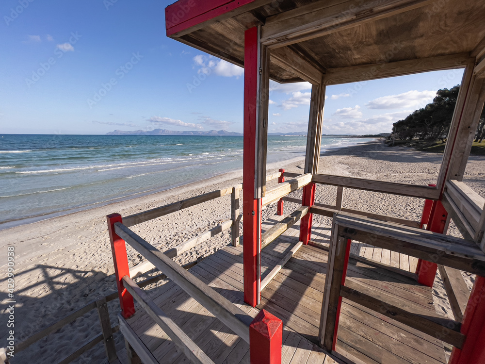 Amazing view of deserted Playa de Muro Beach from wooden lifeguard tower in Mallorca , Balearic Islands, Spain Amazing view of deserted Playa de Muro Beach from wooden lifeguard tower in Mallorca , Balearic Islands, Spain