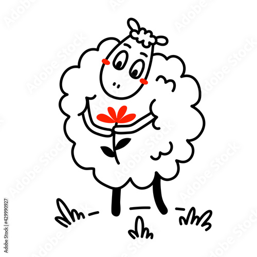 Vector illustration of cute happy line art sheep with curly wool and flower