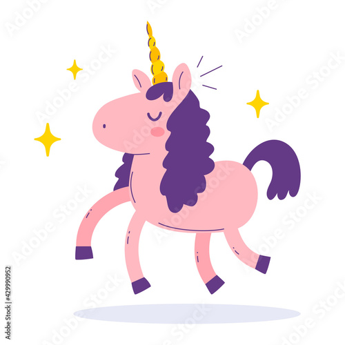 Vector illustration of cute happy pink unicorn with close eyes