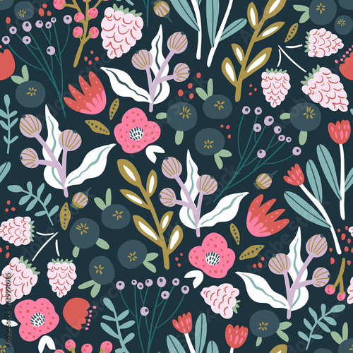 Seamless pattern with flowers, blueberry and leaves, rasberry. Creative hight detailed floral texture. Great for fabric, textile Vector Illustration