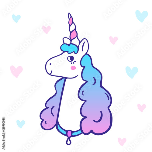 Vector illustration of head of cute happy unicorn with horn