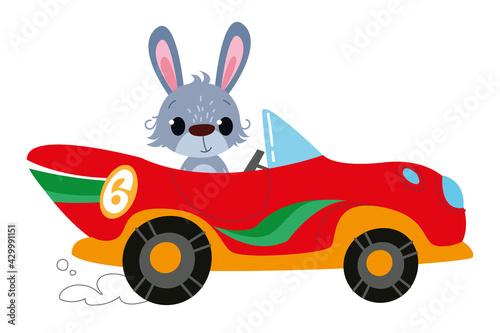 Rabbit driver. Vector modern cartoon racing red car. Hare auto kids funny and cute logo. Boyish print - for clothes, cards, banners. Comic clipart drive icon