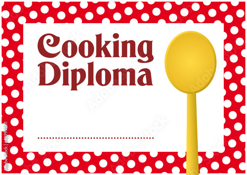 Cooking diploma background with golden spoon and polka dot frame (template) 