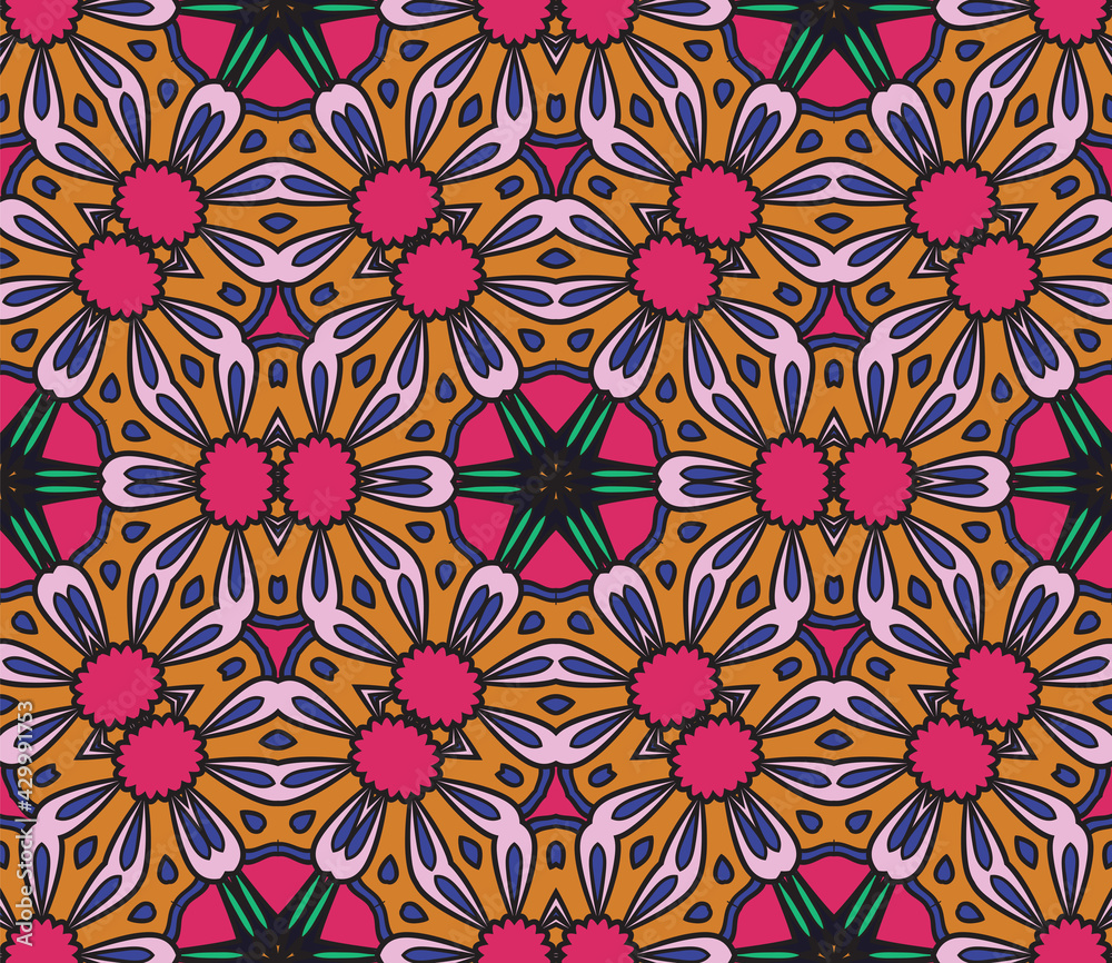 Abstract colorful doodle geometric flower seamless pattern. Floral background. Mosaic, geo tile of thin line ornament.