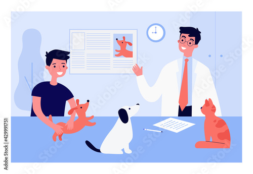 Veterinarian giving boy information about pets. Male doctor, child holding dog, animals on table flat vector illustration. Vet clinic, pets concept for banner, website design or landing web page