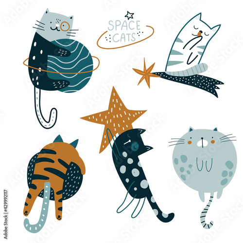 Cute cats in space vector clipart. Cute cartoon cat characters with in cosmos. Ready design for cards, poster, apparel.