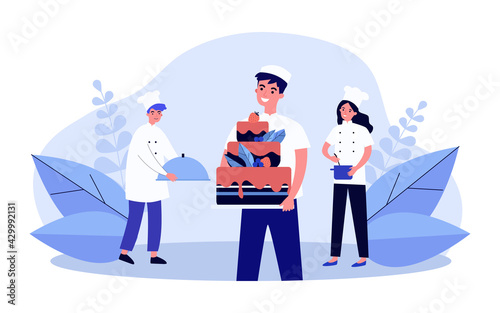 Happy confectioner holding big cake. Smiling cook finishing order, proud colleagues flat vector illustration. Cooking, cafe, restaurant concept for banner, website design or landing web page