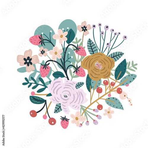 Floral composition with flowers, branches, strawberry, berries .Ready design for greeting card, posters, apparel