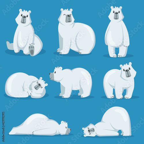 Cute polar bear in various poses set. White arctic animal sitting, sleeping, standing and smiling. Cartoon vector illustration. Zoo, winter, wildlife, fauna concept