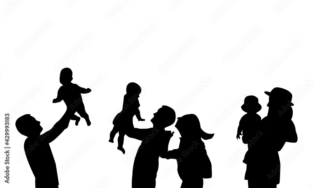 Family Silhouettes Isolated on White Background. Vector Illustration