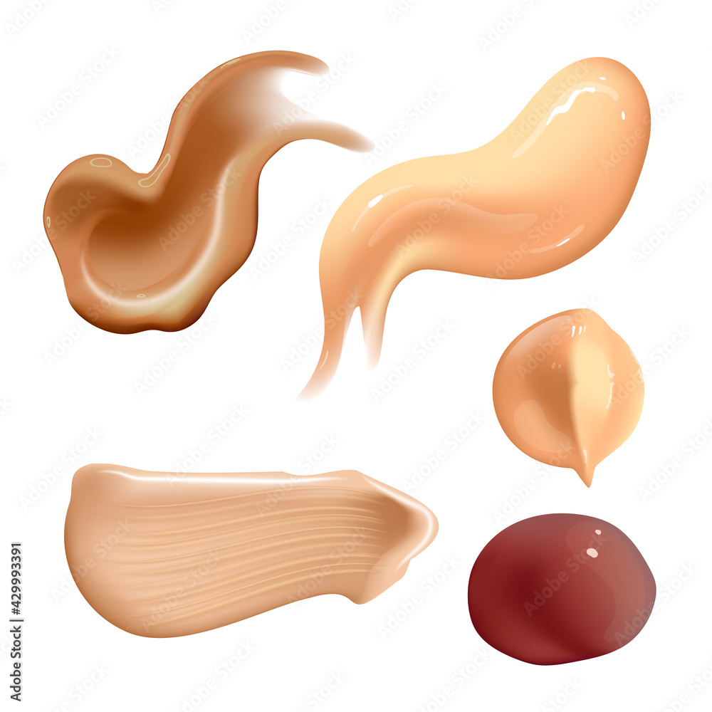 Fototapeta premium Set of realistic cosmetic cream smears. Skin toner of different body colors. Lotion smooth smear isolated vector texture on white background.
