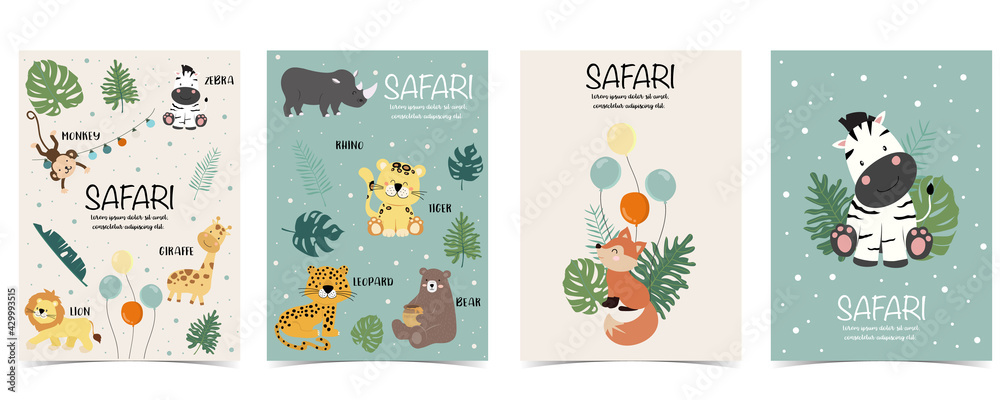Fototapeta premium Set of cute safari with giraffe, zebra,monkey.Vector illustration for baby invitation, kid birthday invitation,banner and postcard