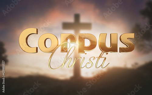 corpus christi texto 3d em ouro com fundo de cruz photo