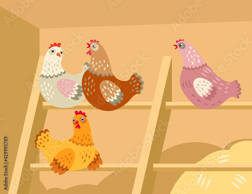 Cute cartoon hens in barn. Group of chickens sitting in henhouse flat vector illustration. Countryside, farm, Easter, agriculture concept