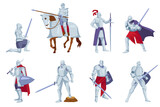 Set of armored knights with weapons in different angles, poses. Cartoon vector illustration. Medieval brutal warrior or soldier with horse, sword and shield. History, knight battle, war, fight concept