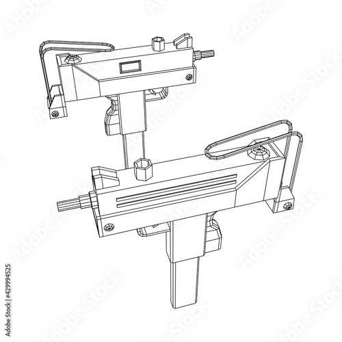 Submachine gun modern firearms pistol. Wireframe low poly mesh vector illustration.