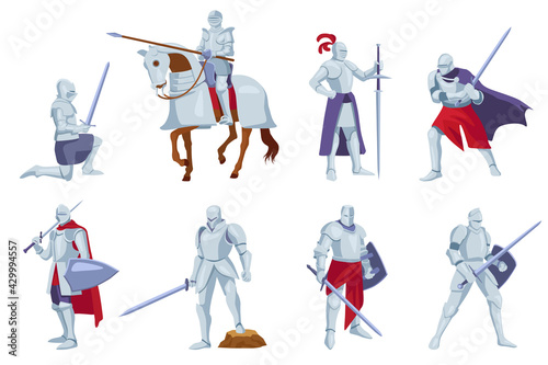 Set of armored knights with weapons in different angles, poses. Cartoon vector illustration. Medieval brutal warrior or soldier with horse, sword and shield. History, knight battle, war, fight concept