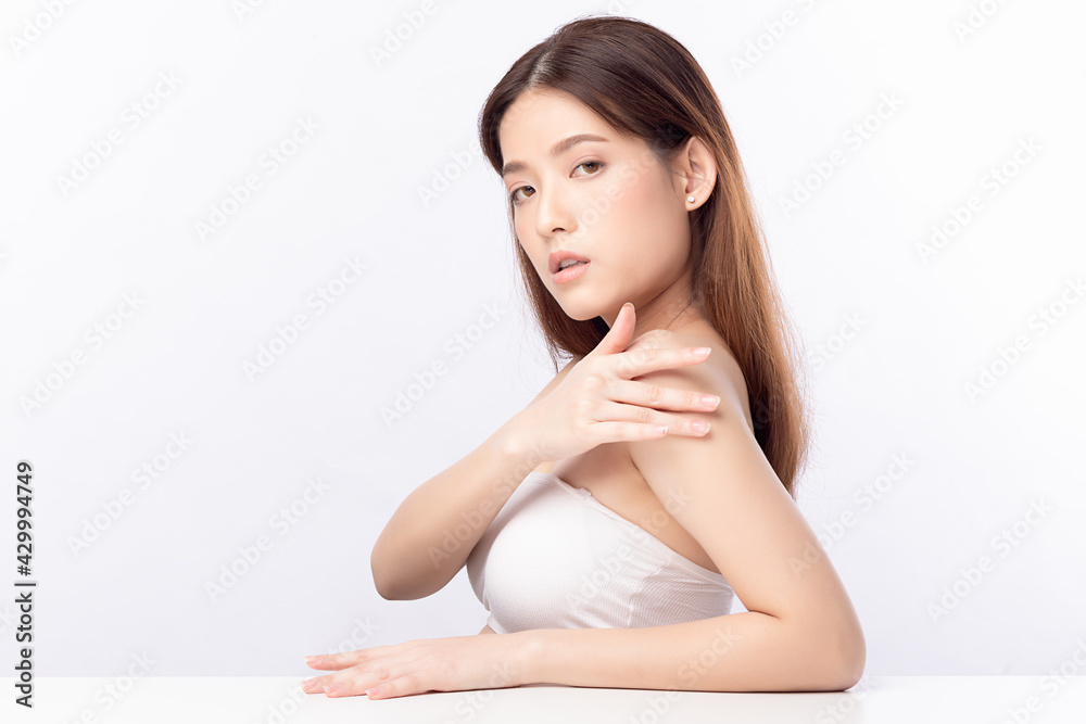 Portrait beautiful young asian woman clean fresh bare skin concept. Asian girl beauty face skincare and health wellness, Facial treatment, Perfect skin, Natural make up. Isolated on white background. Portrait beautiful young asian woman clean fresh bare skin concept. Asian girl beauty face skincare and health wellness, Facial treatment, Perfect skin, Natural make up. Isolated on white background.