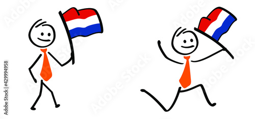 Business stickman waving withe the netherlands flag, traditional festival on april. Holland, King's Day or Queen's Day. Stick figures with orange necktie and clothing. Vector dutch party sign. 