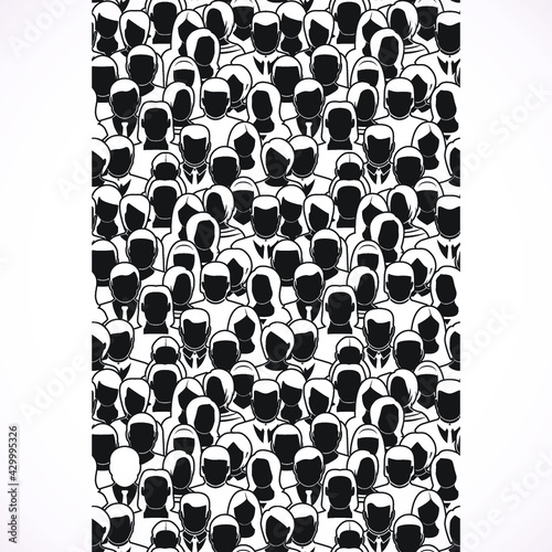 Big crowd people black seamless pattern. Monochrome vector illustration. 