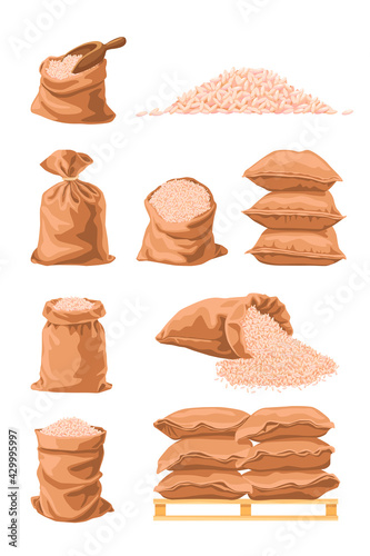 Textile sacks full of rice cartoon vector illustration. White raw rice grain packaging in big brown bags. Food storage, packaging, flour producing concept for banner design or landing page