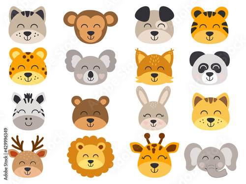 Animal heads illustrations set. Cute faces. Big animal set. Hand drawn characters. Vector illustration