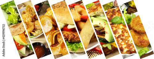 Various Vegan Food. Meal Banner with Falafel, Tofu Burger, Chips, Lasagne, Spring Rolls and more. Isolated on white background.