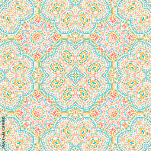 Islamic authentic floral vector seamless pattern. Tile patchwork design. Retro portuguese ornament. Porcelain print design. Circles and lines elements texture.