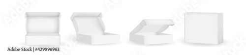White box mockup set. Open and closed cardboard boxes, with shadow