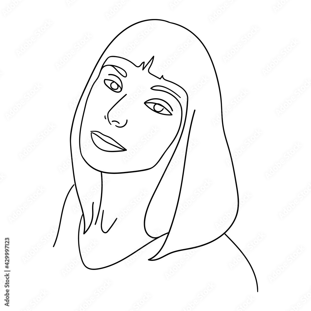 A beautiful face is drawn in a linear style. A woman with loose hair. A thin line outlines the features of the face. Black silhouette on a white background. Isolated vector illustration A beautiful face is drawn in a linear style. A woman with loose hair. A thin line outlines the features of the face. Black silhouette on a white background. Isolated vector illustration