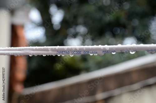 Drops of water on the clothesline in the backyard of a residential house