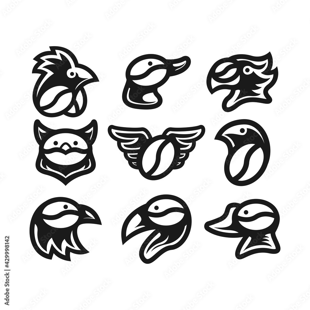 set of coffee seed with some animal head. vector illustration. logo icon