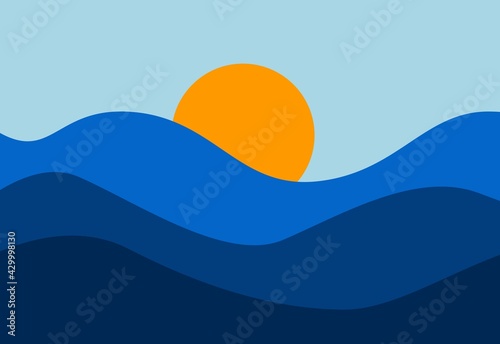 Ocean blue waves with orage sun. © inq